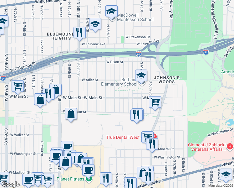 map of restaurants, bars, coffee shops, grocery stores, and more near 601 South 63rd Street in Milwaukee