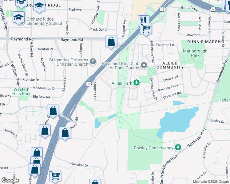 map of restaurants, bars, coffee shops, grocery stores, and more near 2339 Chalet Gardens Road in Fitchburg