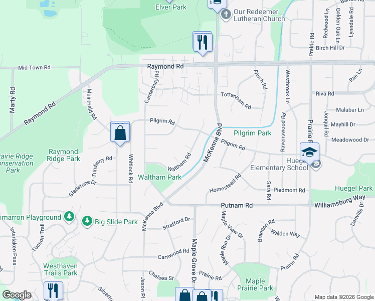 map of restaurants, bars, coffee shops, grocery stores, and more near 2509 Waltham Road in Madison