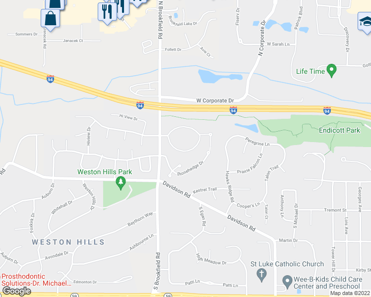 map of restaurants, bars, coffee shops, grocery stores, and more near 18620 Emerald Circle in Brookfield