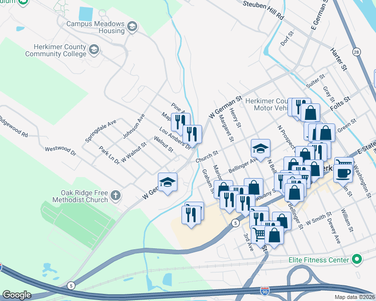 map of restaurants, bars, coffee shops, grocery stores, and more near 2-6 Lou Ambers Drive in Herkimer