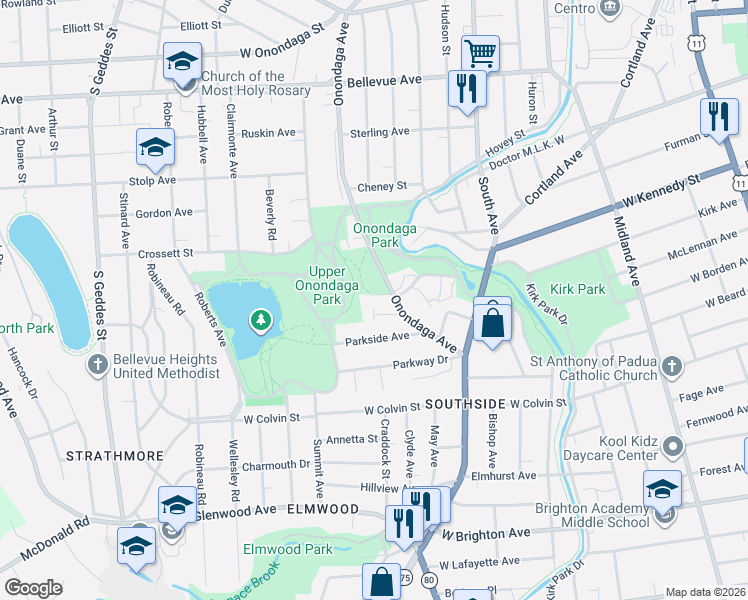 map of restaurants, bars, coffee shops, grocery stores, and more near 119 Parkview Avenue in Syracuse