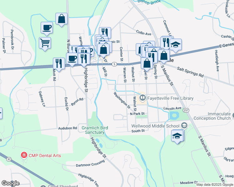 map of restaurants, bars, coffee shops, grocery stores, and more near 112 Washington Street in Fayetteville