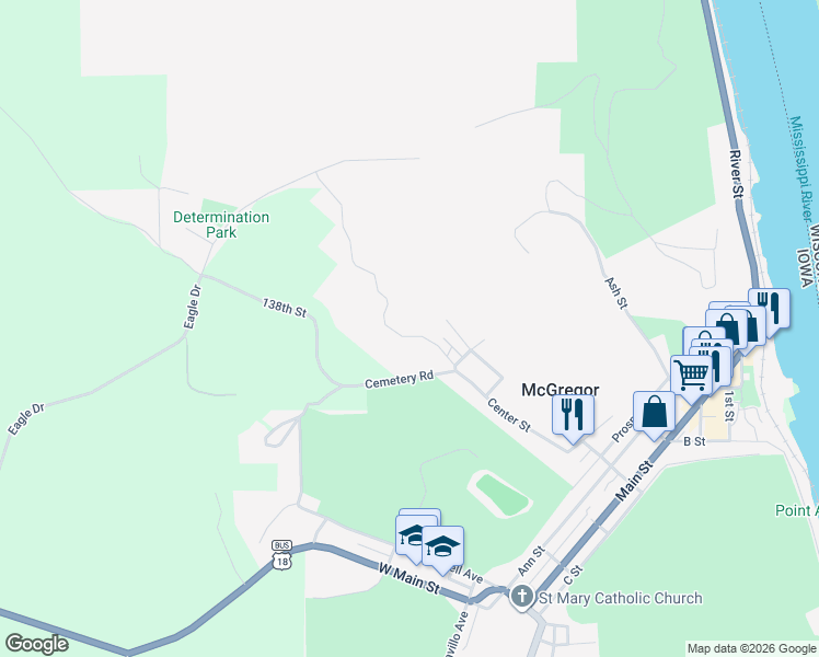 map of restaurants, bars, coffee shops, grocery stores, and more near 105 Ohmer Lane in McGregor