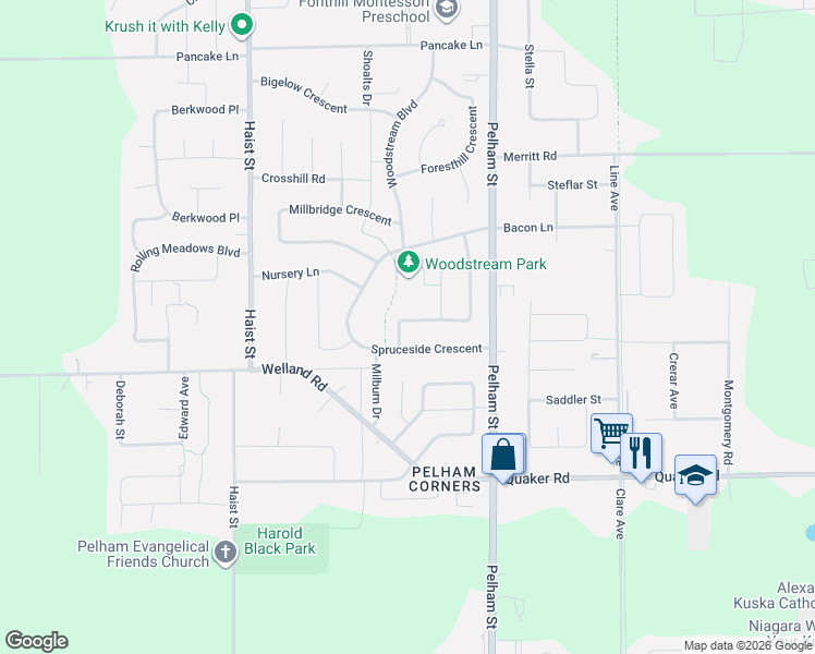 map of restaurants, bars, coffee shops, grocery stores, and more near 5 Fallingbrook Drive in Pelham