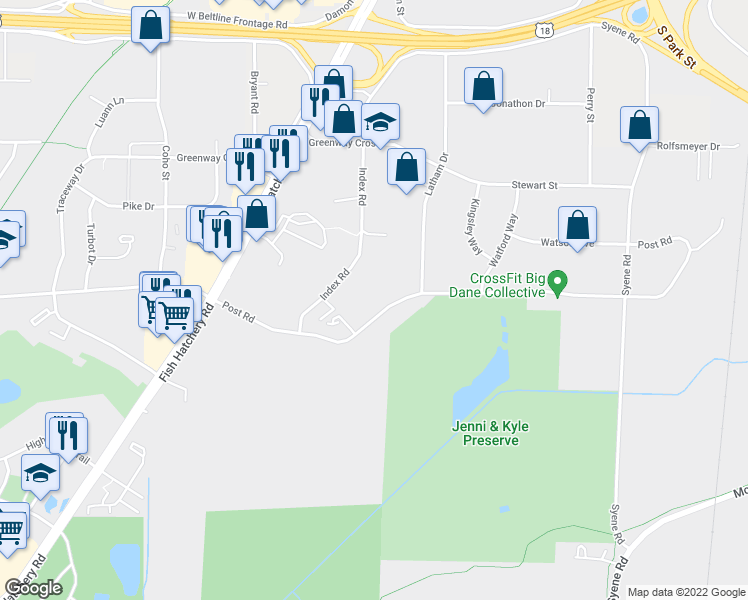 map of restaurants, bars, coffee shops, grocery stores, and more near 1220 Post Road in Fitchburg