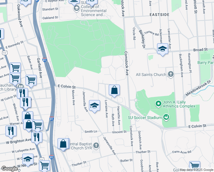 map of restaurants, bars, coffee shops, grocery stores, and more near 205 Robert Drive in Syracuse