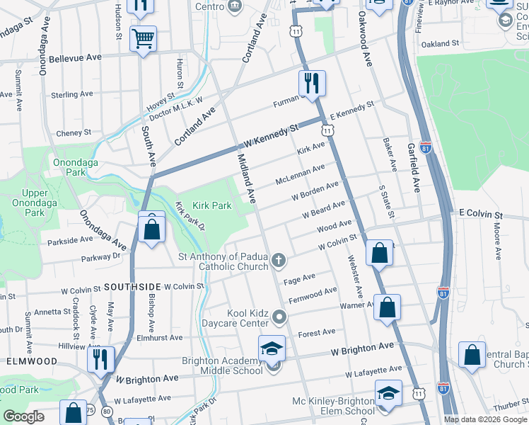 map of restaurants, bars, coffee shops, grocery stores, and more near 1310 Midland Avenue in Syracuse
