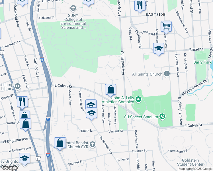 map of restaurants, bars, coffee shops, grocery stores, and more near 224 Robert Dr in Syracuse