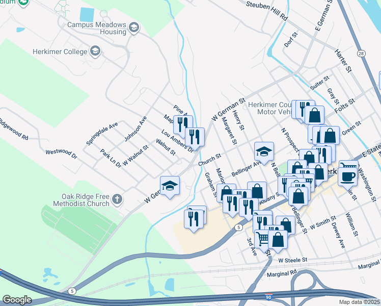 map of restaurants, bars, coffee shops, grocery stores, and more near 2-6 Lou Ambers Drive in Herkimer