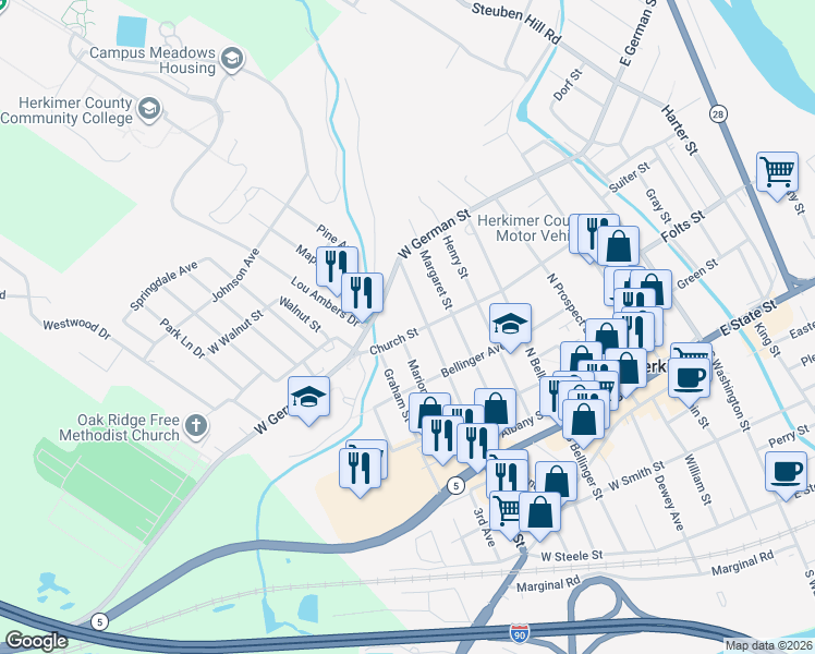 map of restaurants, bars, coffee shops, grocery stores, and more near 317 North Caroline Street in Herkimer