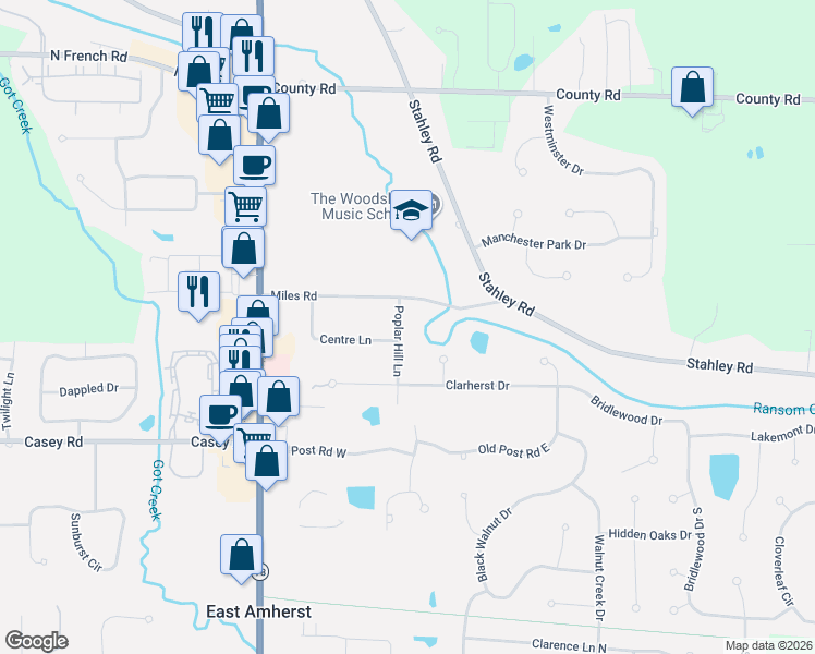 map of restaurants, bars, coffee shops, grocery stores, and more near 6525 Poplar Hill Lane in East Amherst