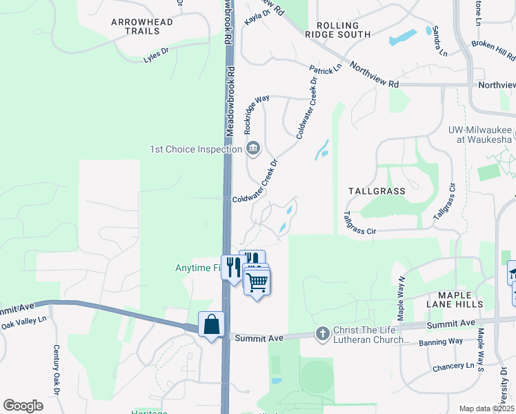 map of restaurants, bars, coffee shops, grocery stores, and more near 1405 Rockridge Road in Waukesha