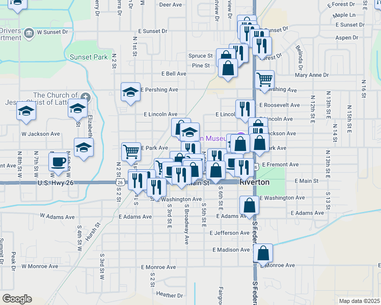 map of restaurants, bars, coffee shops, grocery stores, and more near 422 East Fremont Avenue in Riverton