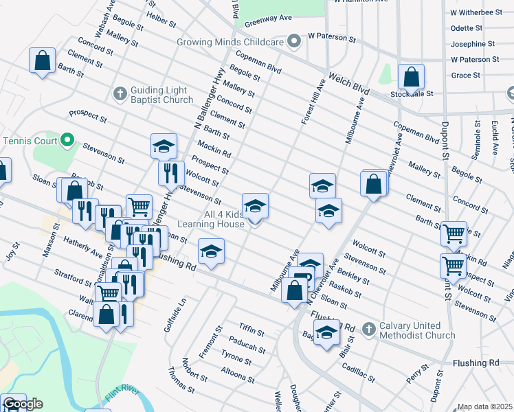 map of restaurants, bars, coffee shops, grocery stores, and more near 2711 Stevenson Street in Flint