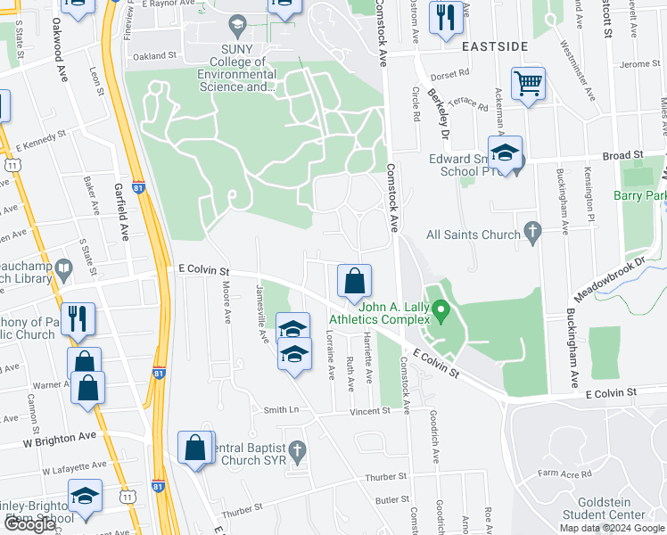 map of restaurants, bars, coffee shops, grocery stores, and more near 205 Robert Drive in Syracuse