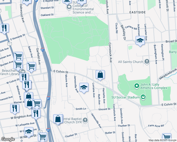 map of restaurants, bars, coffee shops, grocery stores, and more near 205 Robert Drive in Syracuse