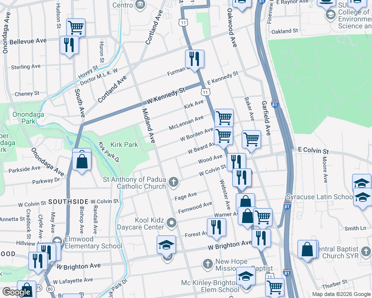 map of restaurants, bars, coffee shops, grocery stores, and more near 211 1/2 West Beard Avenue in Syracuse