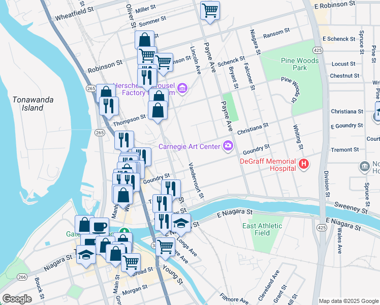 map of restaurants, bars, coffee shops, grocery stores, and more near 114 Vandervoort Street in North Tonawanda