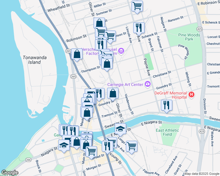 map of restaurants, bars, coffee shops, grocery stores, and more near 128 Oliver Street in North Tonawanda