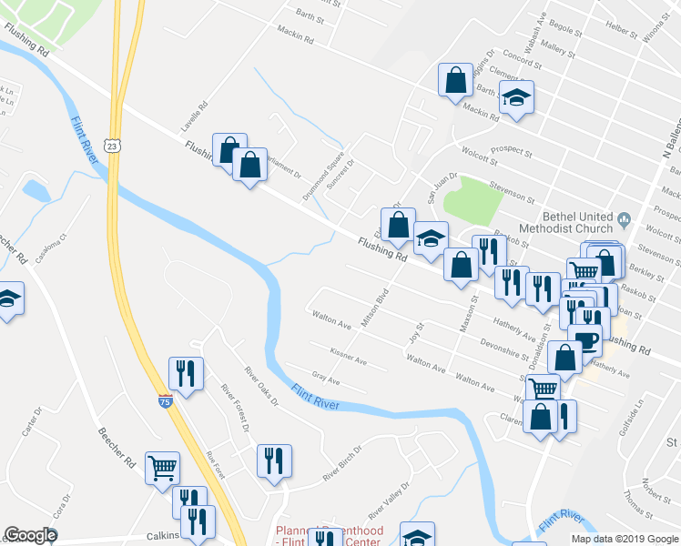 map of restaurants, bars, coffee shops, grocery stores, and more near 3321 Hatherly Avenue in Flint