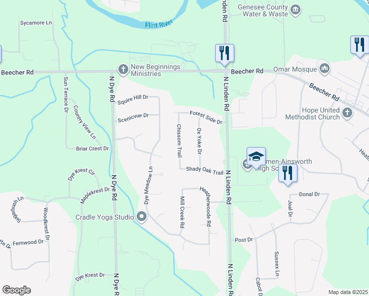 map of restaurants, bars, coffee shops, grocery stores, and more near 1339 Ox Yoke Drive in Flint