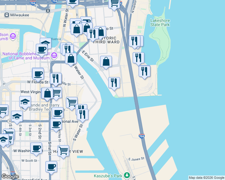 map of restaurants, bars, coffee shops, grocery stores, and more near 643-649 East Erie Street in Milwaukee