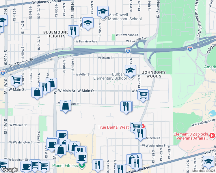 map of restaurants, bars, coffee shops, grocery stores, and more near 601 South 63rd Street in Milwaukee
