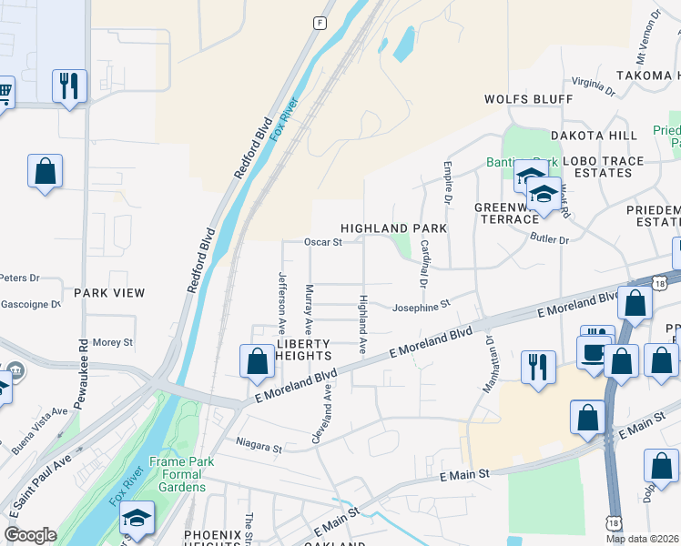 map of restaurants, bars, coffee shops, grocery stores, and more near 1129 Gertrude Street in Waukesha