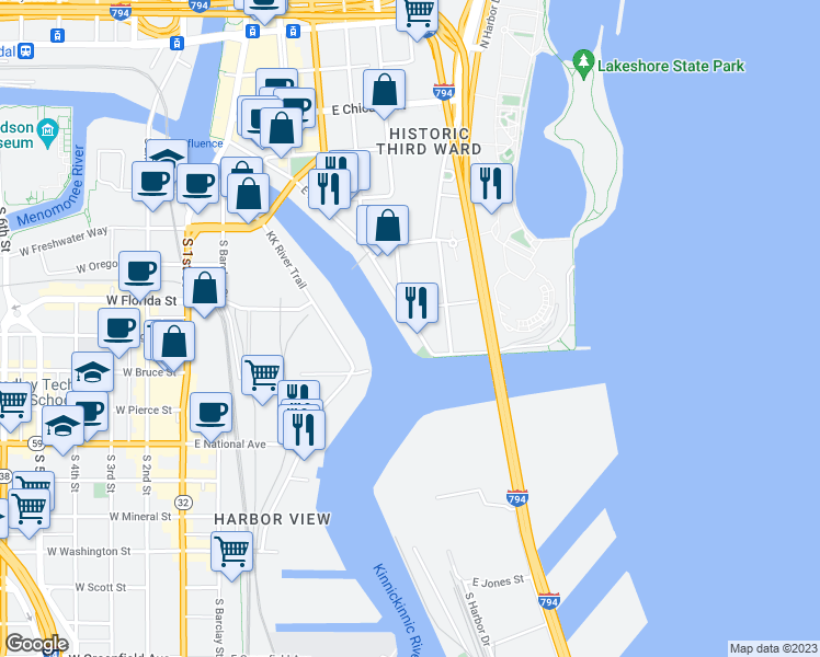 map of restaurants, bars, coffee shops, grocery stores, and more near 643-649 East Erie Street in Milwaukee