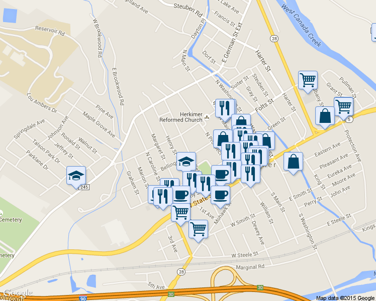 map of restaurants, bars, coffee shops, grocery stores, and more near 308 North Bellinger Street in Herkimer