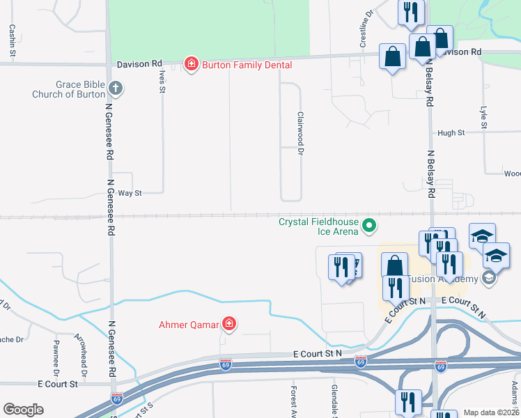 map of restaurants, bars, coffee shops, grocery stores, and more near 5240 Arnold Drive in Burton