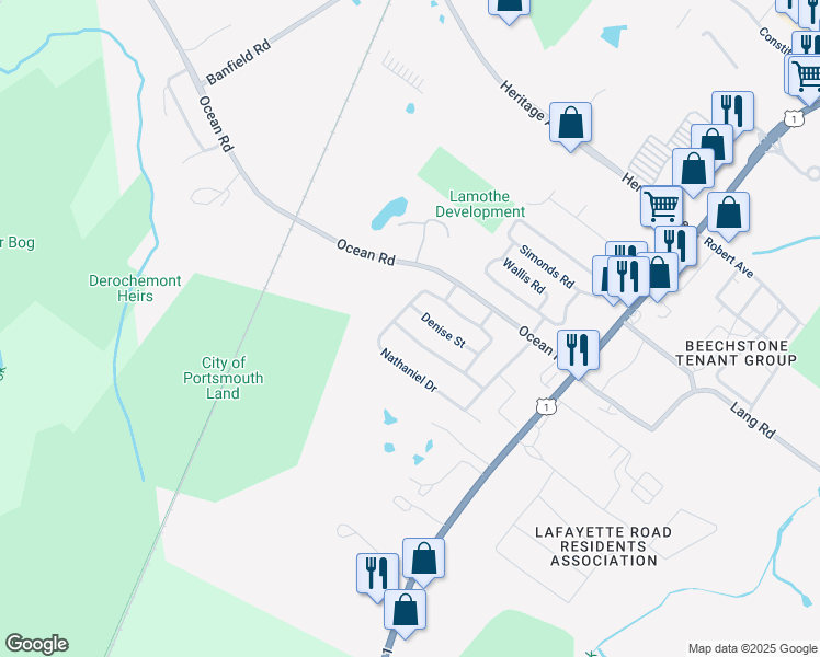 map of restaurants, bars, coffee shops, grocery stores, and more near 27 Mariette Drive in Portsmouth