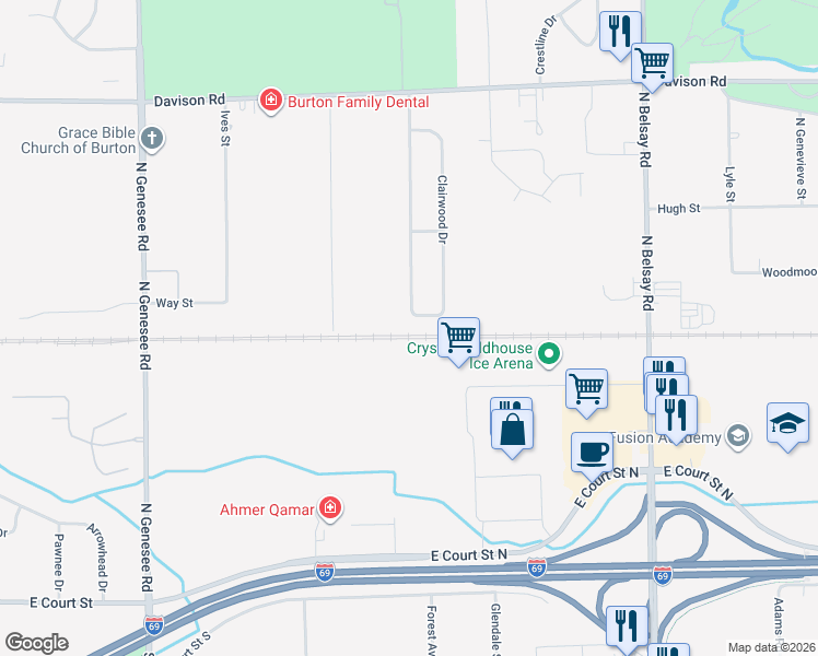 map of restaurants, bars, coffee shops, grocery stores, and more near 5240 Arnold Drive in Burton