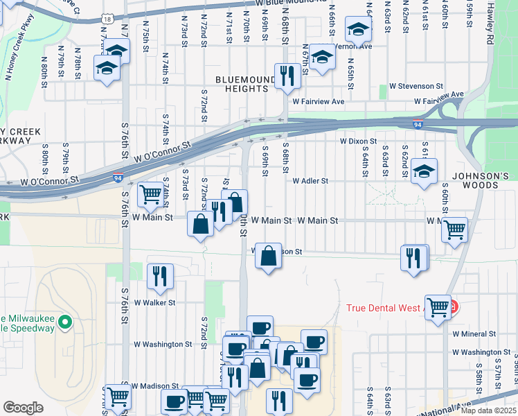 map of restaurants, bars, coffee shops, grocery stores, and more near 523 South 69th Street in Milwaukee
