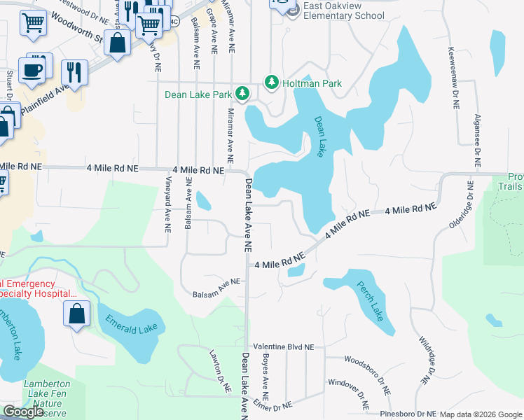 map of restaurants, bars, coffee shops, grocery stores, and more near 2222 Schimperle Drive Northeast in Grand Rapids