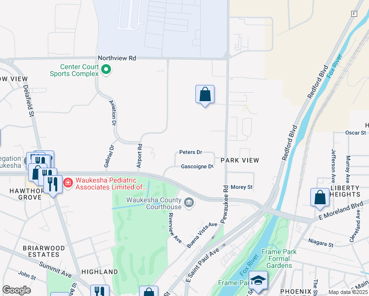 map of restaurants, bars, coffee shops, grocery stores, and more near 529 Peters Drive in Waukesha