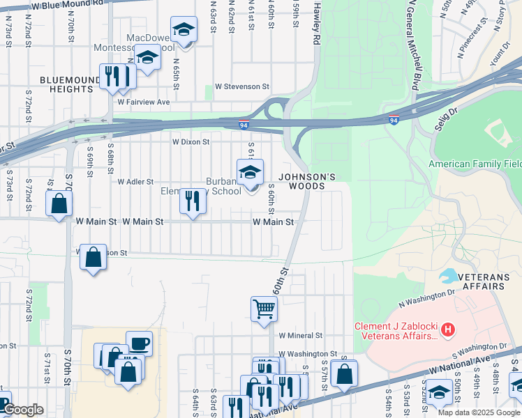 map of restaurants, bars, coffee shops, grocery stores, and more near 513 South 60th Street in Milwaukee