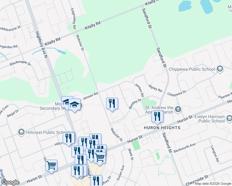 map of restaurants, bars, coffee shops, grocery stores, and more near 26 Sandra Road in London