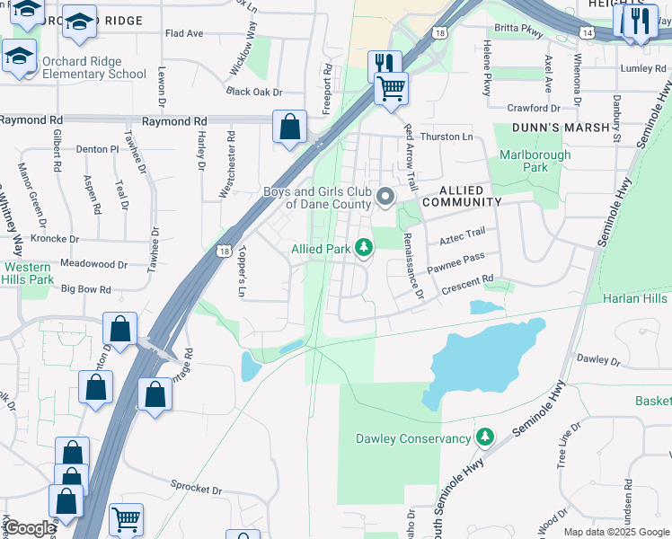 map of restaurants, bars, coffee shops, grocery stores, and more near 2402 Allied Drive in Madison