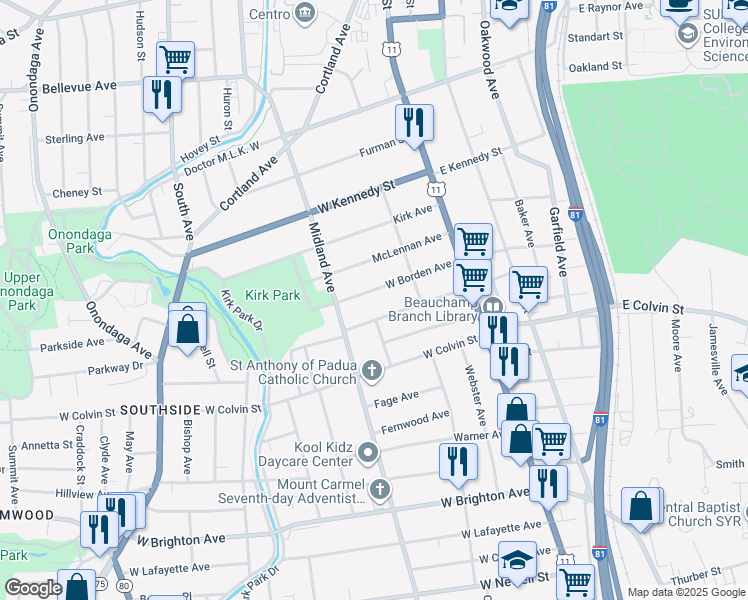 map of restaurants, bars, coffee shops, grocery stores, and more near 302 West Beard Avenue in Syracuse