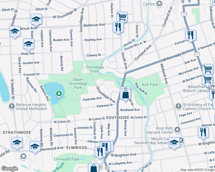 map of restaurants, bars, coffee shops, grocery stores, and more near 813-15 Onondaga Avenue in Syracuse