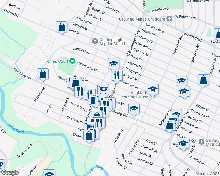map of restaurants, bars, coffee shops, grocery stores, and more near 1161 North Ballenger Highway in Flint