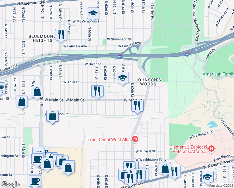 map of restaurants, bars, coffee shops, grocery stores, and more near 6206 West Main Street in Milwaukee