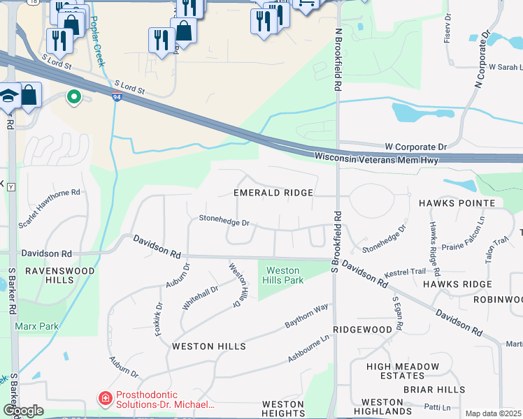 map of restaurants, bars, coffee shops, grocery stores, and more near 585 Forest Court in Brookfield