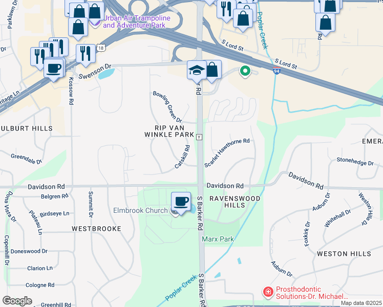map of restaurants, bars, coffee shops, grocery stores, and more near 20420 Rip Van Winkle Road in Waukesha