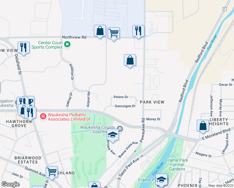 map of restaurants, bars, coffee shops, grocery stores, and more near 529 Peters Drive in Waukesha