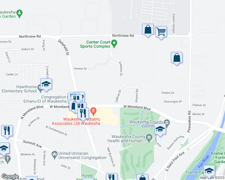 map of restaurants, bars, coffee shops, grocery stores, and more near 1420 Gabriel Drive in Waukesha