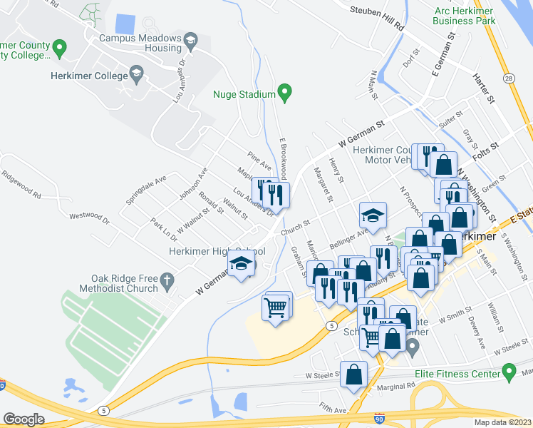 map of restaurants, bars, coffee shops, grocery stores, and more near 2 Lou Ambers Drive in Herkimer