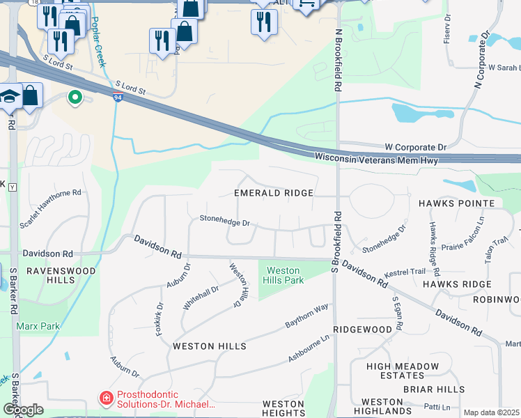 map of restaurants, bars, coffee shops, grocery stores, and more near 585 Forest Court in Brookfield